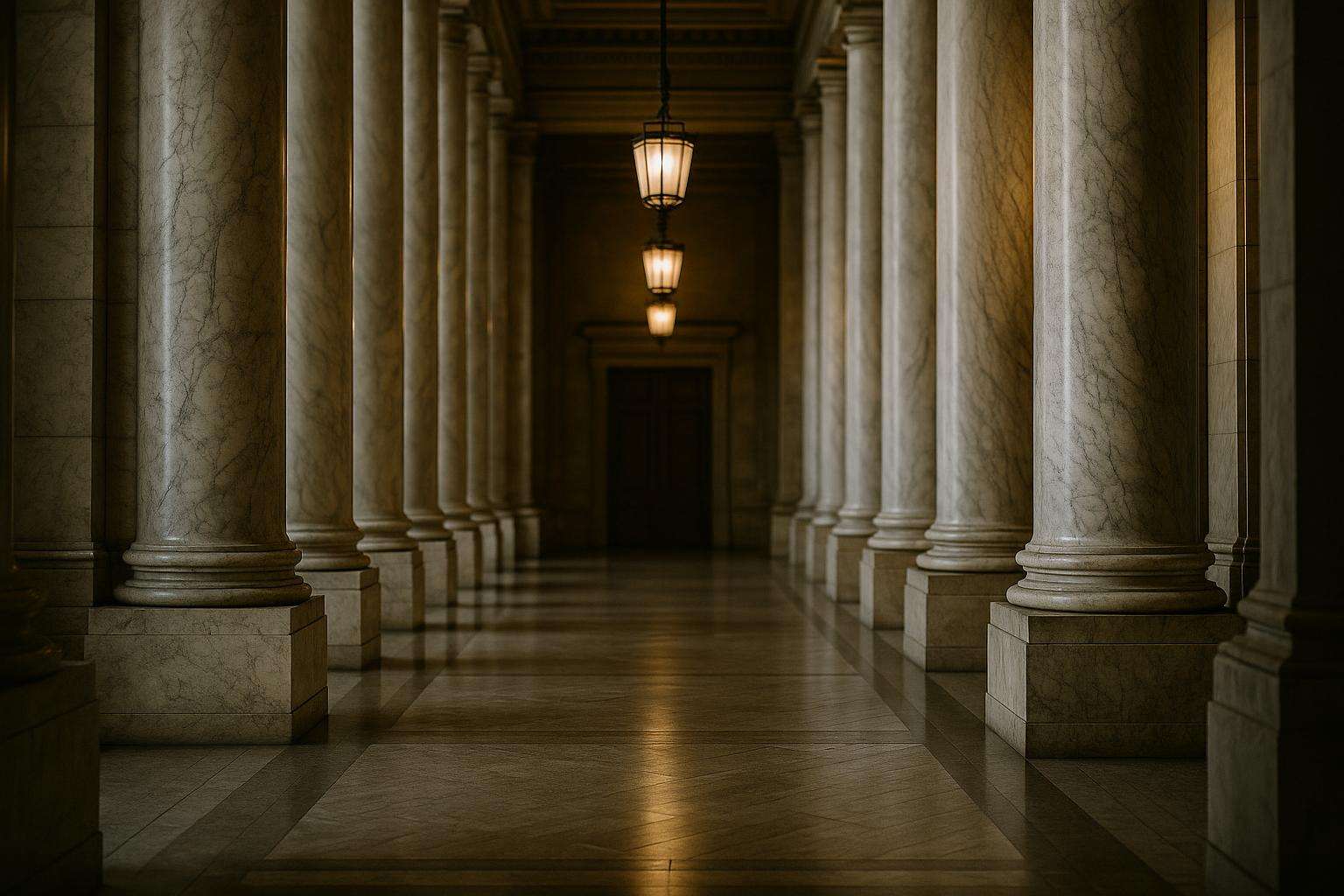 A formal courthouse hallway lined with tall marble columns and warm ambient light, empty of people