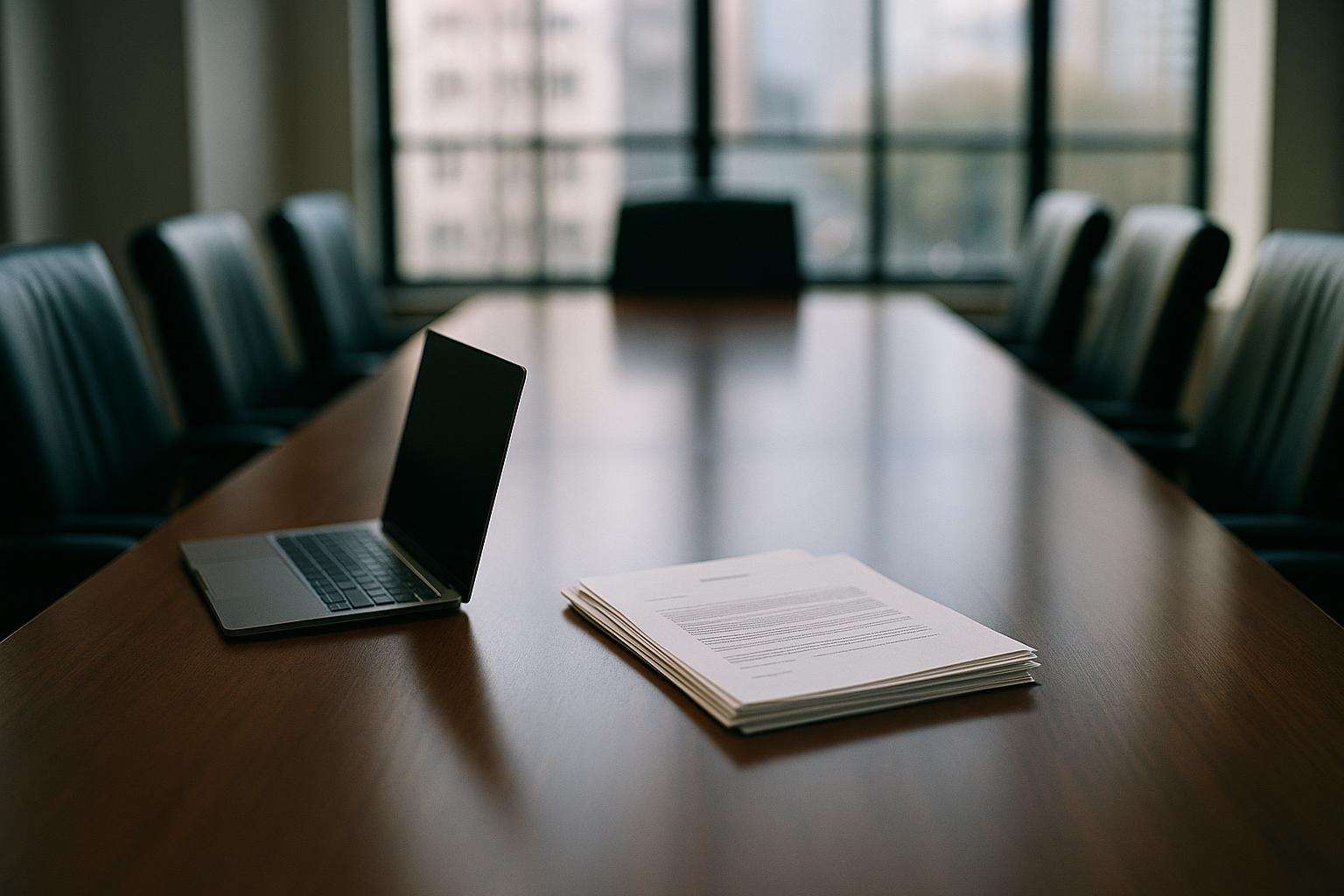 Wide shot of a modern boardroom conference table with an open laptop and stacked printed contract pages catching soft daylight