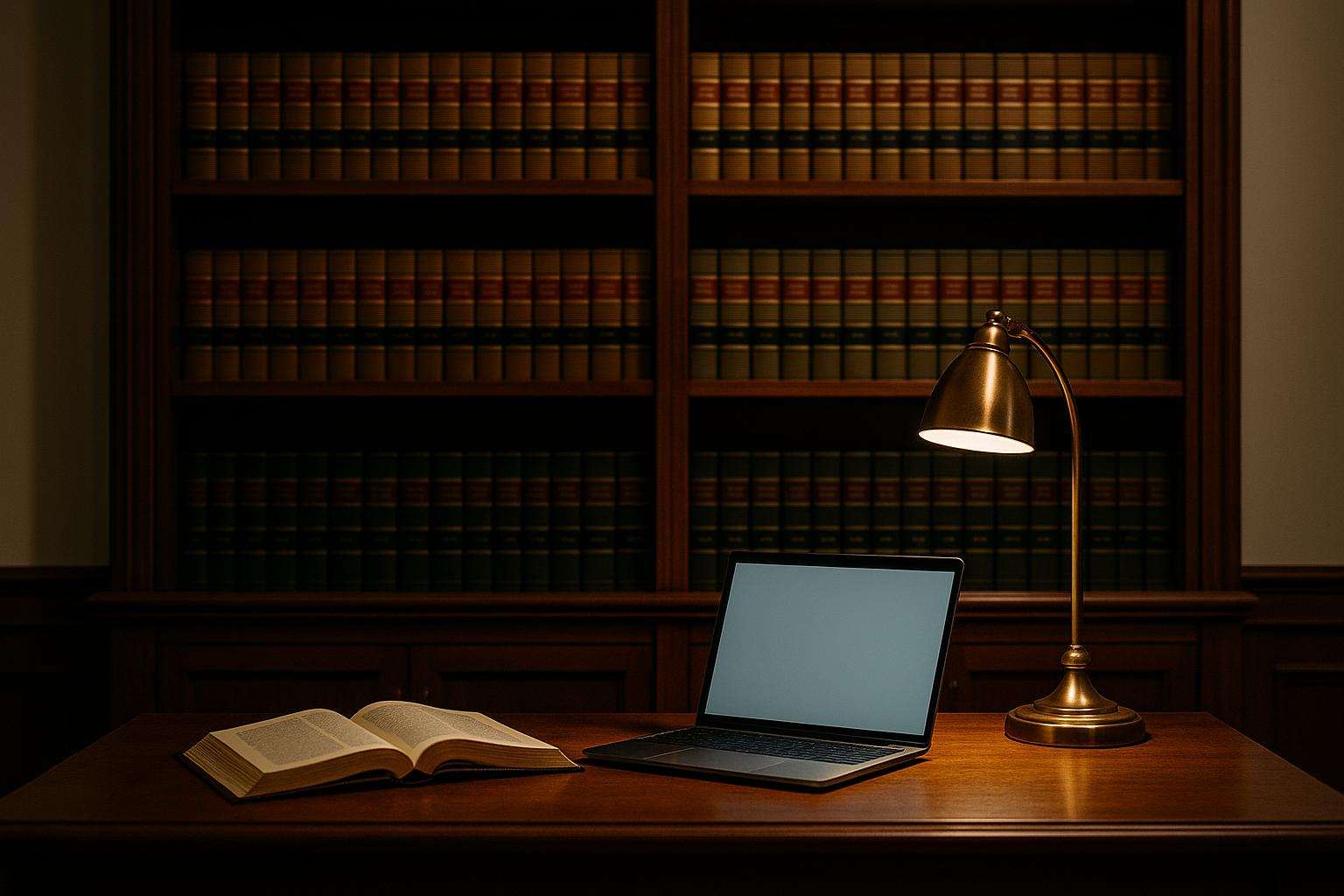 Law office bookshelf lined with leather-bound legal reference volumes above a laptop open on a wood desk, warm reading-lamp light