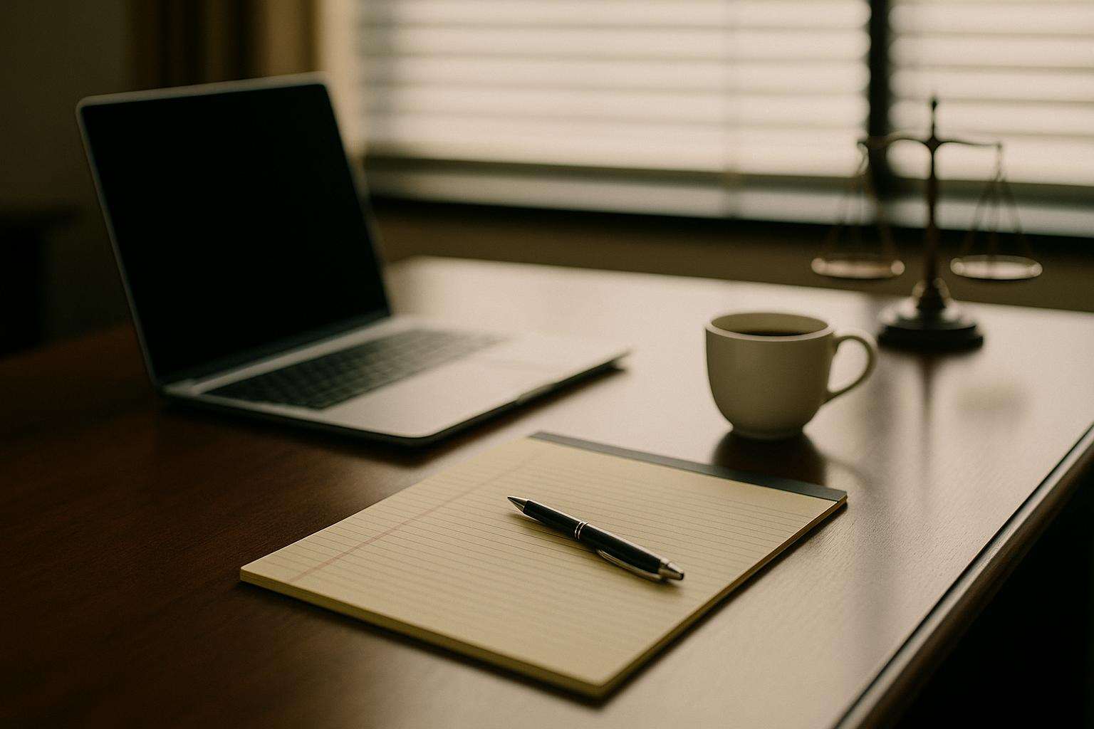 A tidy attorney desk with an open laptop, a legal pad and pen, and a coffee cup, lit by soft morning light through blinds