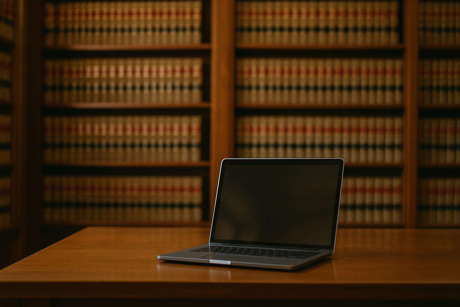 Rows of bound legal volumes in a law library with a laptop open on a reading table in warm ambient light