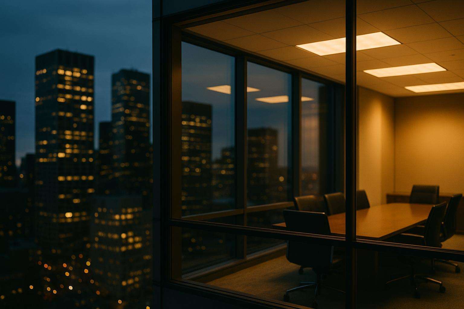 High-rise law firm office skyline view at dusk through a glass window with warm interior lighting, no people visible