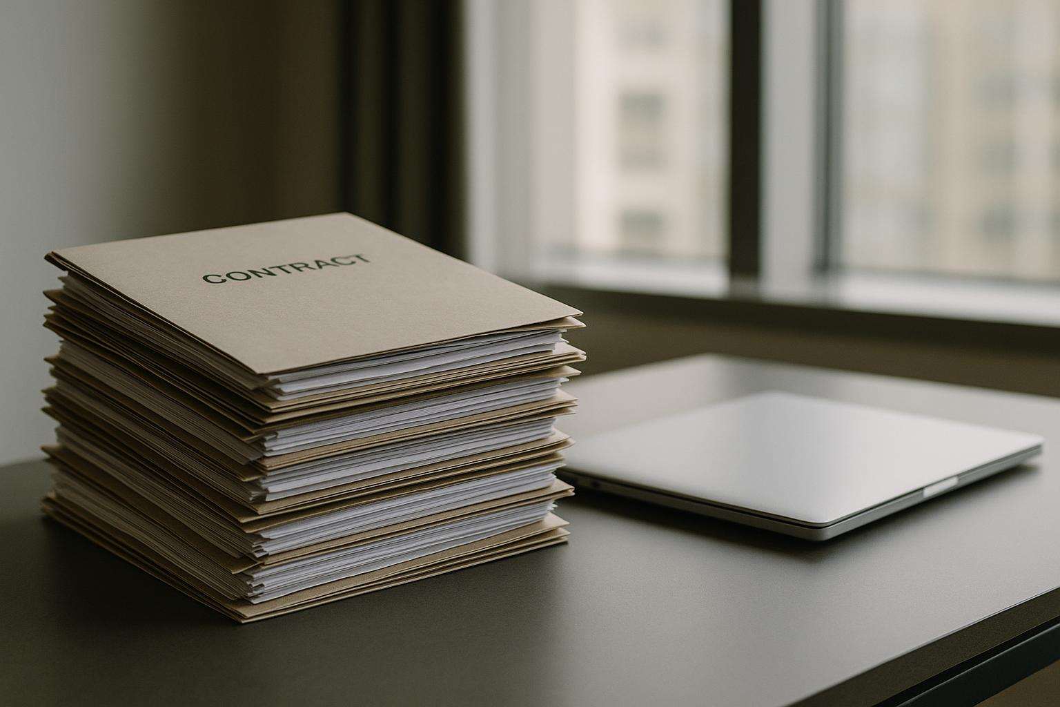 Neat stack of signed contract folders beside a closed laptop on a corporate office desk in soft natural light