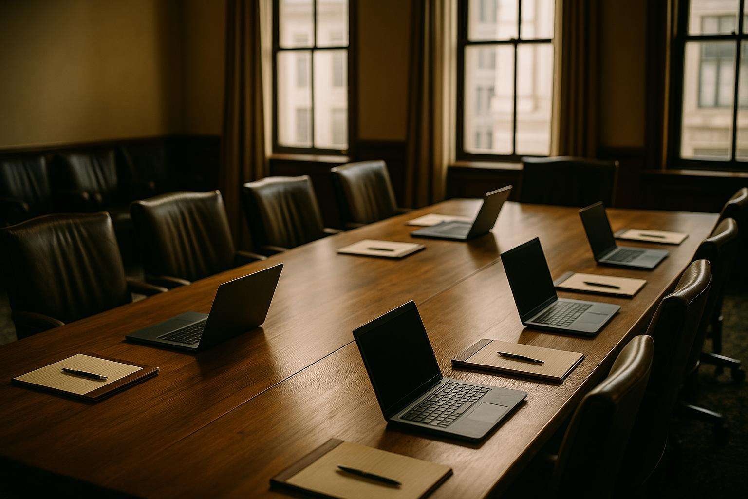 Empty law firm conference room set up for a meeting, with laptops and notepads arranged on a long table in warm daylight