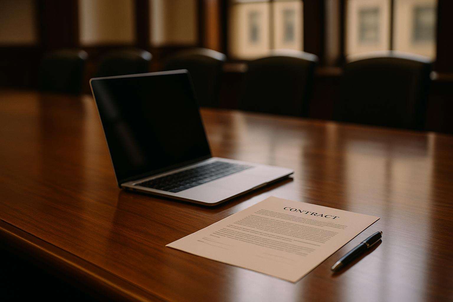 A laptop open on a law firm conference table beside a printed contract and a pen, warm office lighting