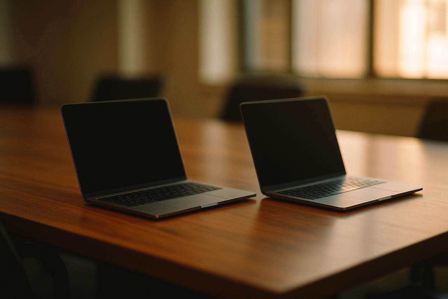 Two open laptops side by side on a shared conference table under warm office lighting, no visible screen text